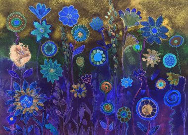 Mavi psychedelic lolipopları çok ve çiçekler. Kenarlarına yakın dabbing teknik kağıt değişmiş yüzey pürüzlülüğü nedeniyle yumuşak odak etkisi verir