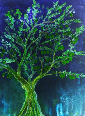 Mavi arka plan ile yeşil meyve ağacı. Kenarlarına yakın dabbing teknik kağıt değişmiş yüzey pürüzlülüğü nedeniyle yumuşak odak etkisi verir