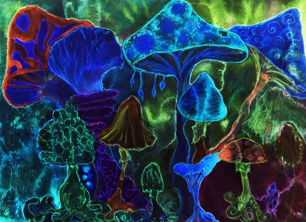 Blues sahip, trippy büyülü psychedelic mantar. Kenarlarına yakın dabbing teknik kağıt değişmiş yüzey pürüzlülüğü nedeniyle yumuşak odak etkisi verir