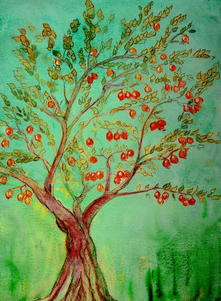 Träd Med Glänsande Röda Äpplen Ljust Grön Bakgrund Badda Tekniken — Stockfoto