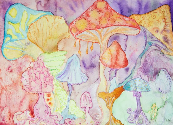 Trippy magical psychedelic mushrooms. The dabbing technique near the edges gives a soft focus effect due to the altered surface roughness of the paper