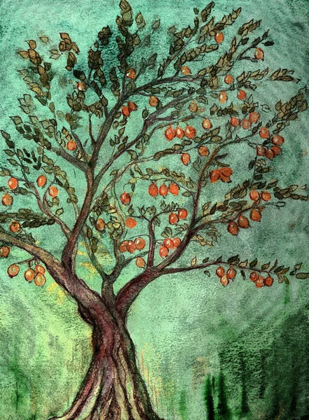 Árvore Fruta Rústica Com Laranjas Fundo Verde Técnica Dabbing Perto — Fotografia de Stock