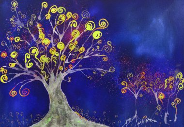 Hayat ağacı ile mavi bir arka plan üzerinde altın bukleler. Kenarlarına yakın dabbing teknik kağıt değişmiş yüzey pürüzlülüğü nedeniyle yumuşak odak etkisi verir