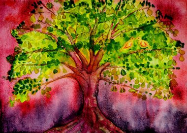 Güvercinler ve kırmızı arka plan ile psychedelic armut ağacı. Kenarlarına yakın dabbing teknik kağıt değişmiş yüzey pürüzlülüğü nedeniyle yumuşak odak etkisi verir
