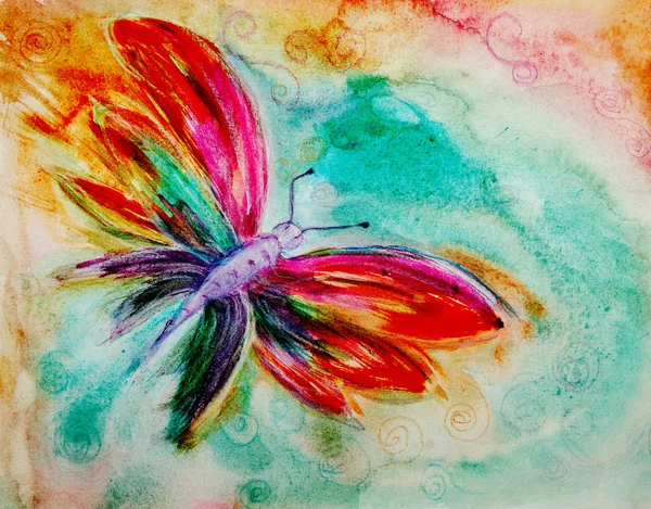 Flying butterfly painted with bright colors. The dabbing technique near the edges gives a soft focus effect due to the altered surface roughness of the paper