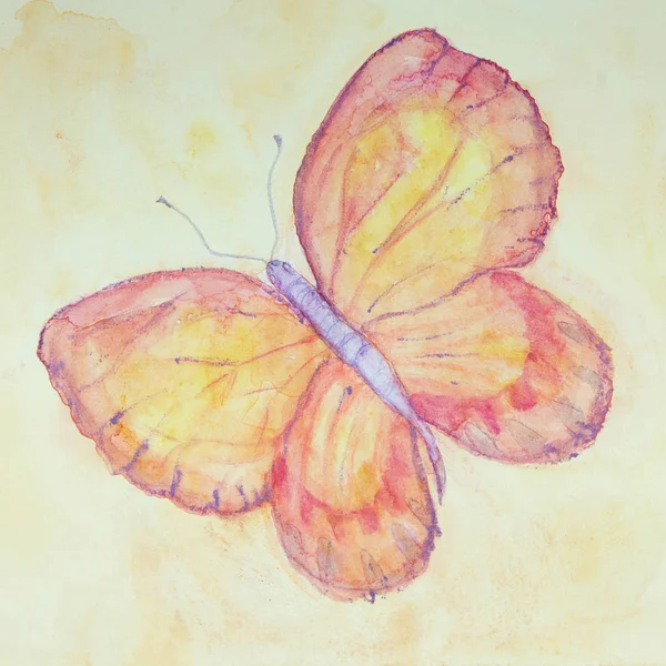 黄色の空に飛ぶ蝶をピンクと黄色 エッジの近く軽くたたくテクニックにより 用紙の変更の表面粗さによるソフト フォーカス効果 — ストック写真