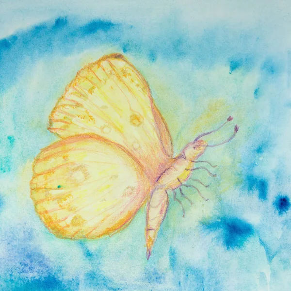 Yellow Orange Flying Butterfly Blue Turbulent Sky Dabbing Technique Edges — Stock Photo, Image