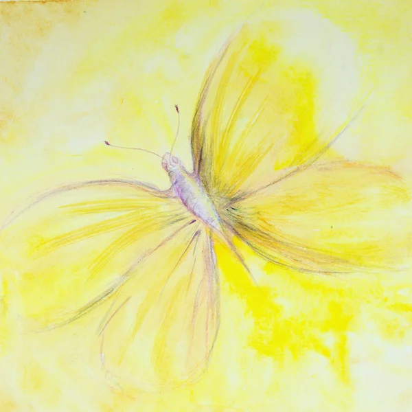 黄色の空に飛ぶ蝶を黄色と紫 エッジの近く軽くたたくテクニックにより 用紙の変更の表面粗さによるソフト フォーカス効果 — ストック写真