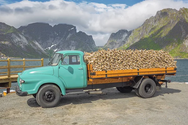 Truck loaded with stockfish near Moskenes with the Vorfjord in the background