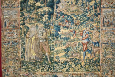 Editör: Fecamp, Seine-Maritime, Fransa, 16 Eylül 2018 - Kırsal kesimde betimleme olan Benedictine manastırındaki ortaçağ gobleni