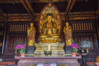 Xi 'an' ın sembolü olan Dev Vahşi Kaz Pagoda 'da bir Buda heykelinin önünde duruyor.