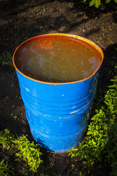 A garden barrel with water.