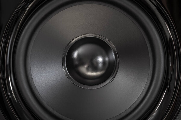 Black speaker of an acoustic monitor close-up.