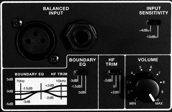 Rear panel for switching an audio device with connection sockets and volume control.