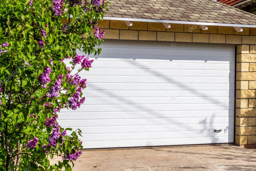 White garage doors of a private house and nearby lilac bushes.