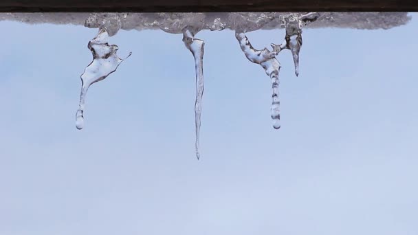 Eiszapfen Auf Dem Dach Eines Privaten Bauernhauses — Stockvideo