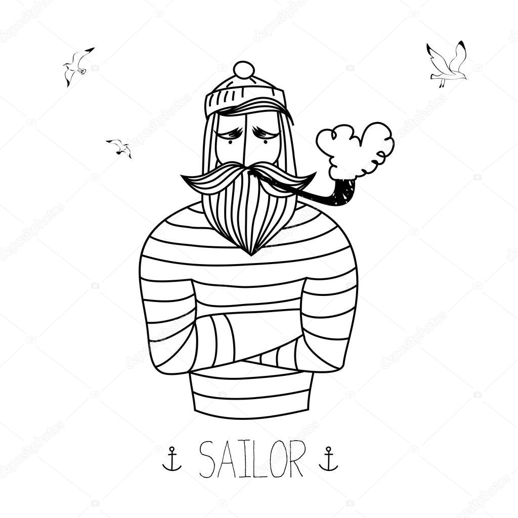 Sailor with a pipe and seagulls. Black and white. Vector illustration