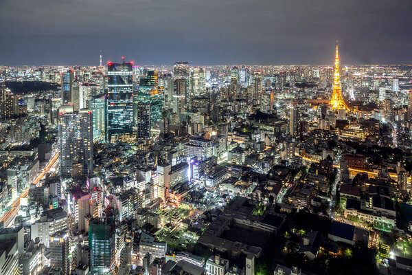 View of Tokyo Tower and Tokyo Skytree from Mori Tower, Roppongi Hills, Tokyo, Japan.
