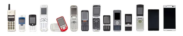 Старые Мобильные Телефоны Прошлого Настоящее Время Белом Фоне Некоторой Моделью — стоковое фото
