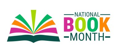 Ulusal Kitap Ayı arka planı, afiş, kart ya da poster tasarım şablonu, görev hakkındaki farkındalığı artırmak amacıyla Ekim ayı boyunca her yıl gözlemlenmektedir. Vektör illüstrasyonu.