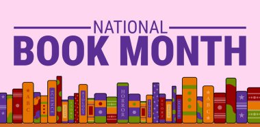 Ulusal Kitap Ayı arka planı, afiş, kart ya da poster tasarım şablonu, görev hakkındaki farkındalığı artırmak amacıyla Ekim ayı boyunca her yıl gözlemlenmektedir. Vektör illüstrasyonu.