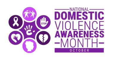 Görevle ilgili farkındalığı artırmak amacıyla, her yıl Ekim ayı boyunca aile içi şiddet bilinci, afiş, kart veya poster tasarım şablonu gözlemlenmektedir. Vektör illüstrasyonu.