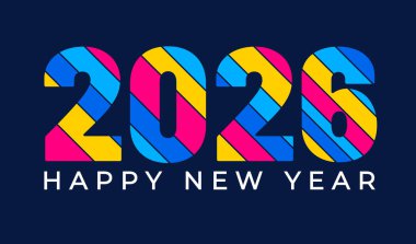2026 mutlu yeni yıl renkli tipografi metin logosu tasarım şablonu. Mutlu yıllar 2026 metni, iş şablonu, afişler, arkaplan, poster, tebrik kartı ve takvim kapağı için kullan.