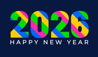 2026 mutlu yeni yıl renkli tipografi metin logosu tasarım şablonu. Mutlu yıllar 2026 metni, iş şablonu, afişler, arkaplan, poster, tebrik kartı ve takvim kapağı için kullan.