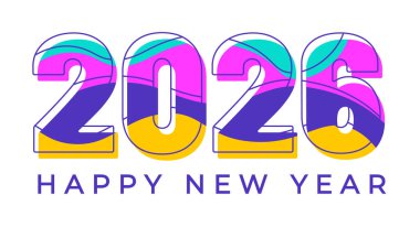 2026 mutlu yeni yıl renkli tipografi metin logosu tasarım şablonu. Mutlu yıllar 2026 metni, iş şablonu, afişler, arkaplan, poster, tebrik kartı ve takvim kapağı için kullan.
