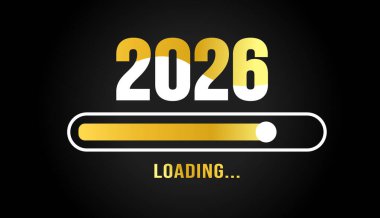 2026 siyah ve altın rengi ilerleme çubuk arkaplanı ya da pankart tasarım şablonu yükleme. Mutlu yeni yıl dilekleri bar afişi tasarımı. Selamlar ve yeni yıl 2026 kutlama bayrağı.