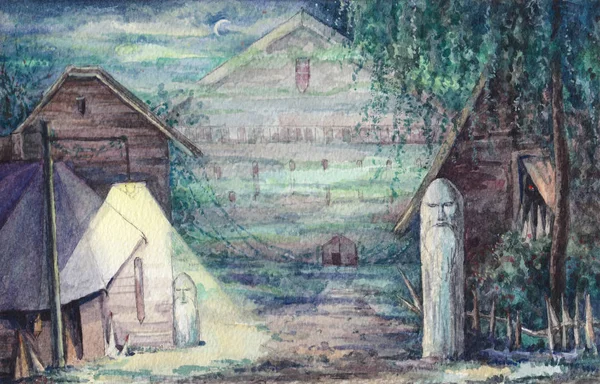 Malé město s domy a pohanské modly. Akvarel, ilustrace. — Stock fotografie