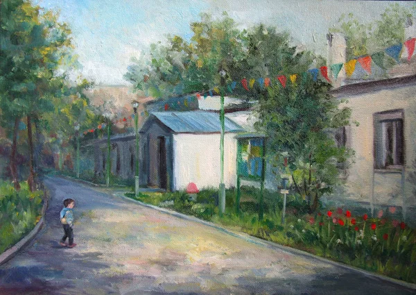 Peinture d'été avec le garçon et son jardin d'enfants — Photo