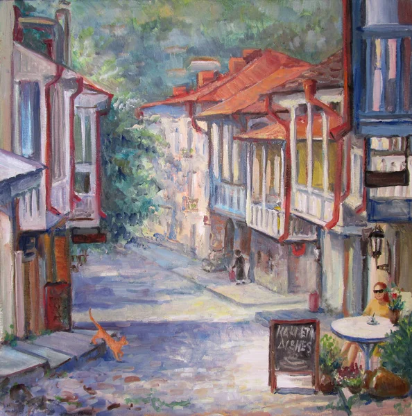 Balkonlu ve Cafe yaz sokakta Gürcistan