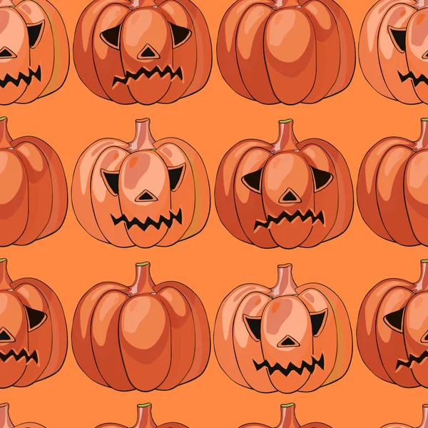 Halloween fundo com diferentes abóboras, padrão de férias — Vetor de Stock