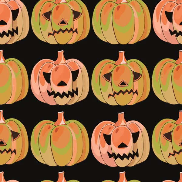 Halloween fundo com diferentes abóboras, padrão de férias — Vetor de Stock