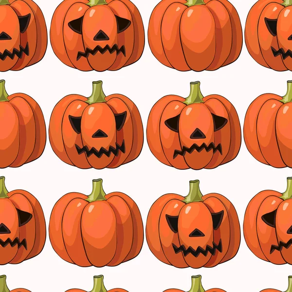 Halloween fundo com diferentes abóboras, padrão de férias — Vetor de Stock