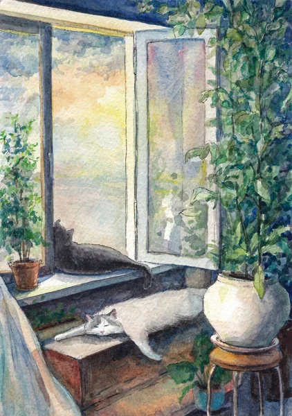 Katze auf der Fensterbank. Sommer, offenes Fenster und Haustier. — Stockfoto