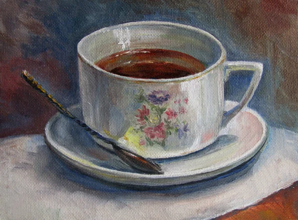 Pittura texture olio pittura natura morta, una tazza di tè, immagine a colori dipinta — Foto Stock