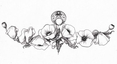 El yapımı gelincikler. Siyah beyaz dövme çizimi.