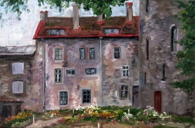 Tallinn 'deki ev. Eski kasaba, yağlı boya resimler.