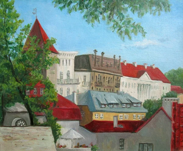 Tallinn 'deki evler. Eski kasaba, yağlı boya resimler.