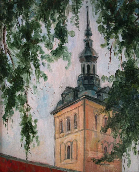 Eglise niguliste en été, architecture de Tallinn, peinture à l'huile — Photo