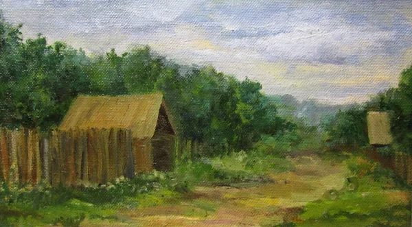Російське село і будинок влітку, олійний живопис — стокове фото