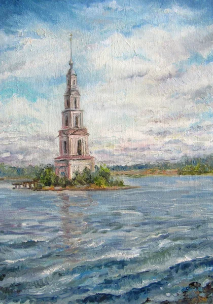 Torre en Kalyazin, día de verano, río Volga, pintura al óleo —  Fotos de Stock