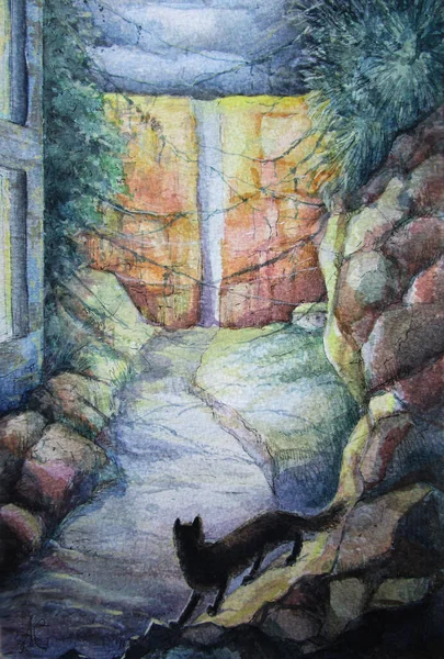 一只猫和一条路 水彩画 — 图库照片
