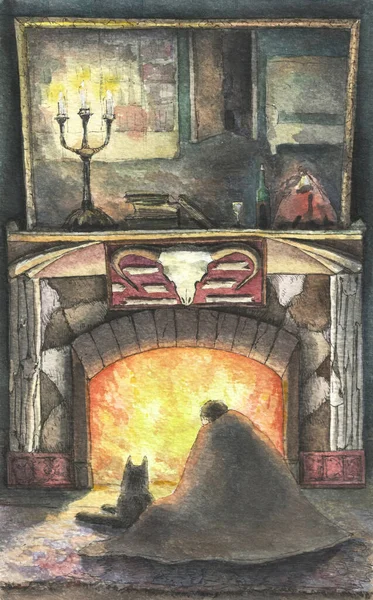 晚上和狗一起坐在壁炉边 水彩斑斓的 — 图库照片