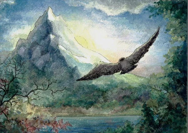 A falcon flying to the mountain in the morning, watercolor
