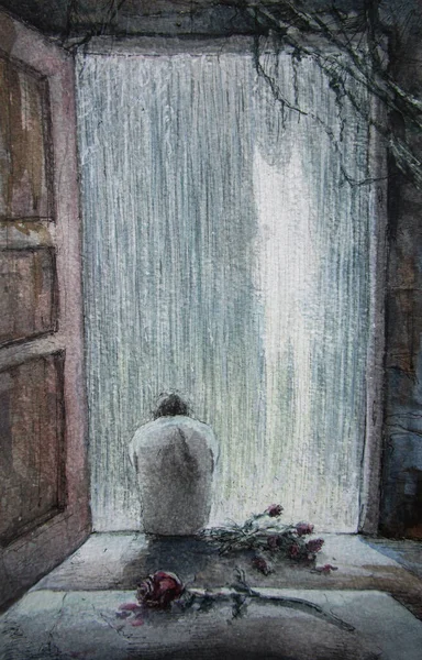 Regn Och Den Sorgsna Mannen Akvarell — Stockfoto