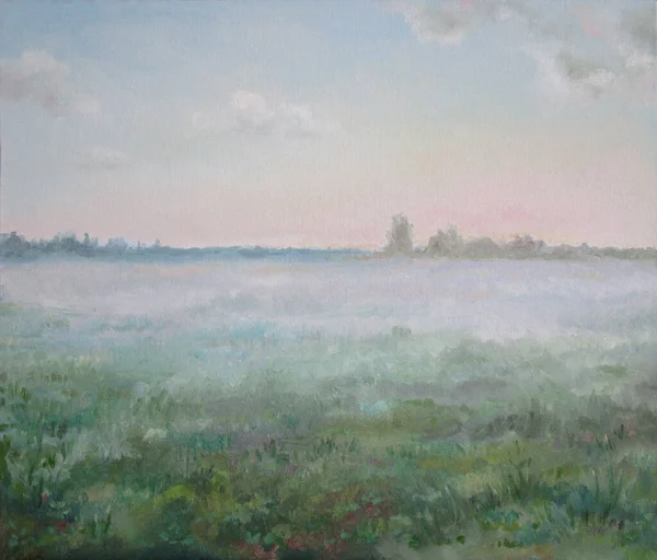 Morning fog in the russian country, oil painting — Stock Photo, Image