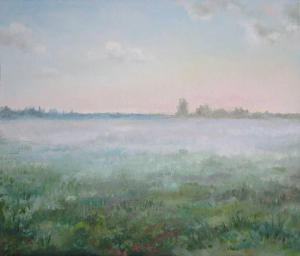 Morning fog in the russian country, oil painting